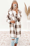 Brown Plaid Lapel Collar Long Open Front Coat