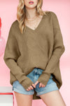 Camel Plain V Neck Batwing Sleeve Oversized Sweater