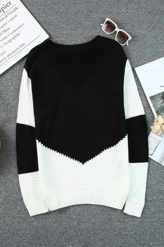 Black & White Colorblock Casual Chevron Pullover Sweater | Available in 2 Colors