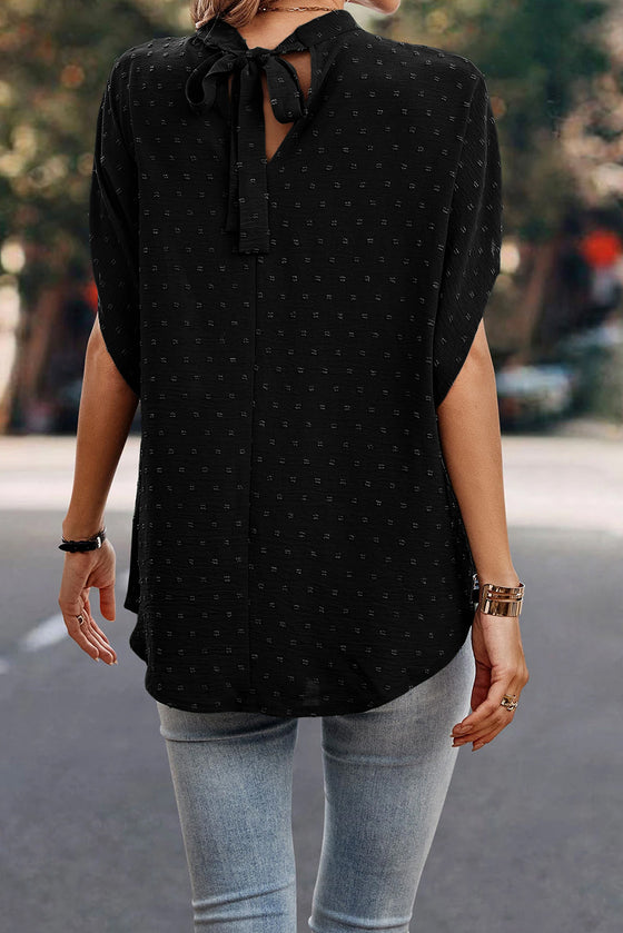 Black Swiss Dot High Neck Batwing Sleeve Blouse