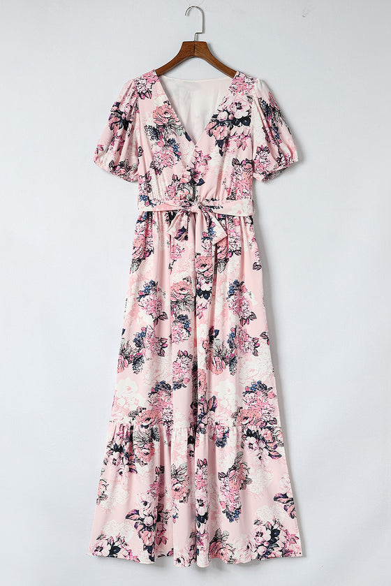 Pink Floral Print Wrap Puff Sleeve Dress