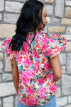 Pink Ruffle Sleeve Floral Print Blouse