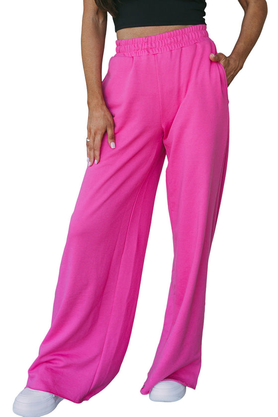 Pink Elastic High Waisted Wide Leg Sweatpants with Pockets