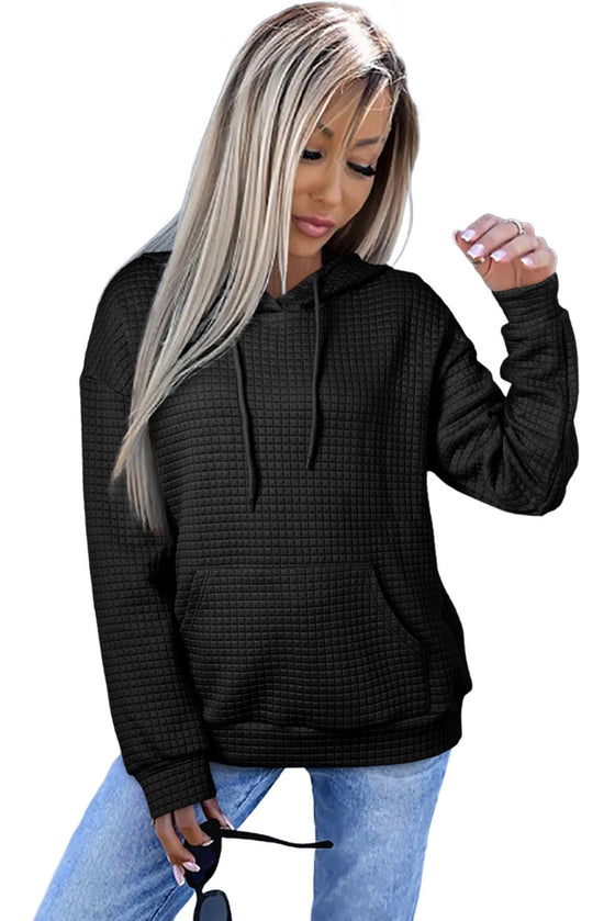 White Lattice Textured Kangaroo Pocket Drawstring Hoodie