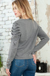 Gray Basic Buttoned Puff Long Sleeve Sheath Top