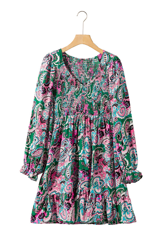 Pink Paisley Print Smocked Ruffle Hem Dress