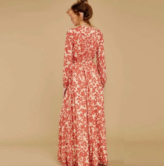 Vintage Style Maxi Dress in Red and Cream Floral Pattern