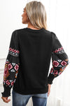 Black Geometric Lantern Sleeve Round Neck Blouse