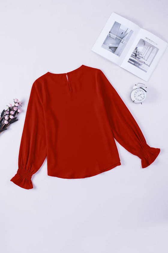 Plain Pullover Smocked Cuffs Long Sleeve Blouse | Available in Black and Red Colors