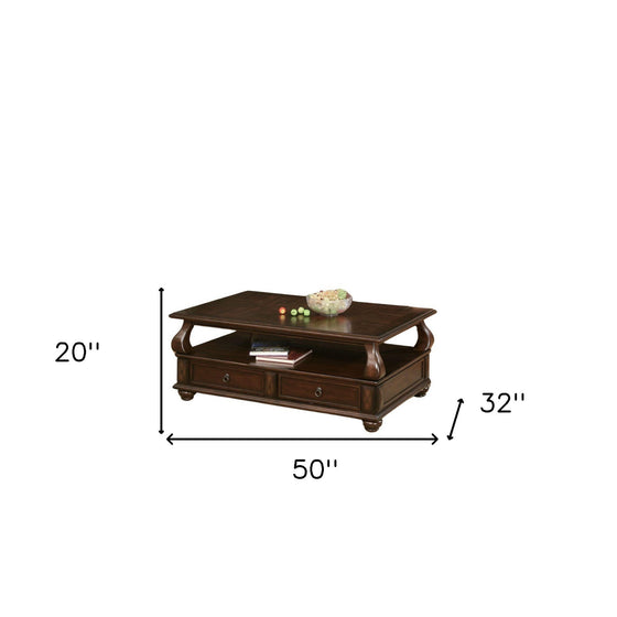 50" Dark Brown Solid Wood Coffee Table with Two Drawers and Shelf