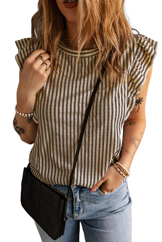 Grey Casual Striped Print Ruffle Summer Top