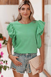 Green Solid Color Ruffle Sleeve Ribbed Blouse