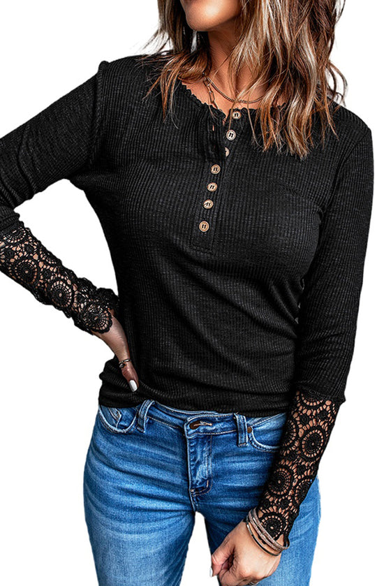 Beige Ribbed Lace Crochet Long Sleeve Shirt | Also Available in Black