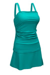 Green Square Neck Adjustable Strap Ruched Tankini Swimsuit