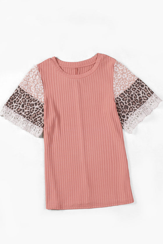 Pink Rib-Knit Leopard Lace Summer Top | Available in Black