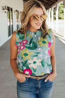  Green Floral Print Ruffle Trim Sleeveless Shirt