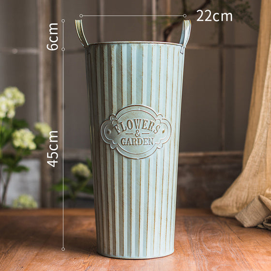 Vintage Light Blue Tin Flower Bucket