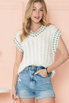 White Trim V-Neck Cable Knit Cap Sleeve Shirt