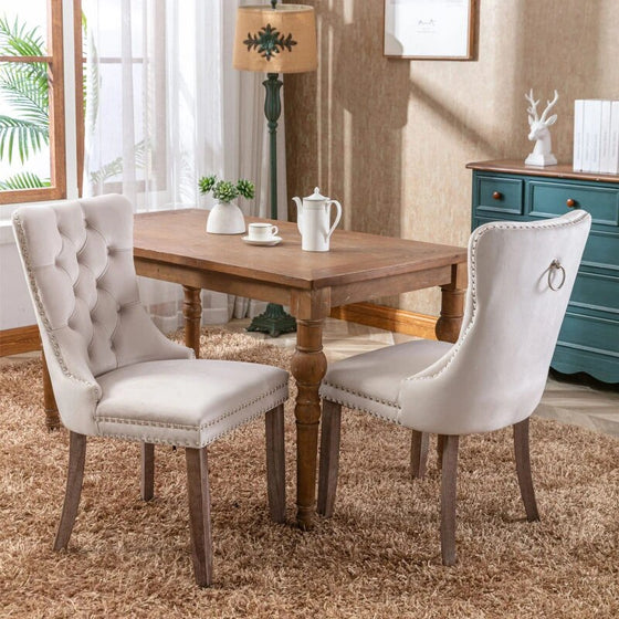 Set of 2 Wood Dining Chairs Upholstered and Tufted in Beige