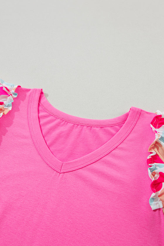 Bonbon V Neck Ruffle Floral Sleeve T Shirt