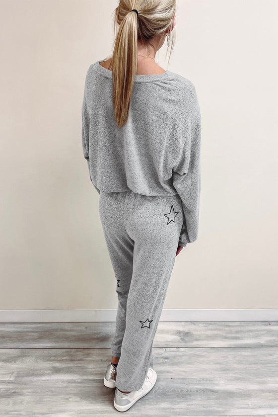 Black Stars Print Long Sleeve Top and Drawstring Pants Set | Available in Gray