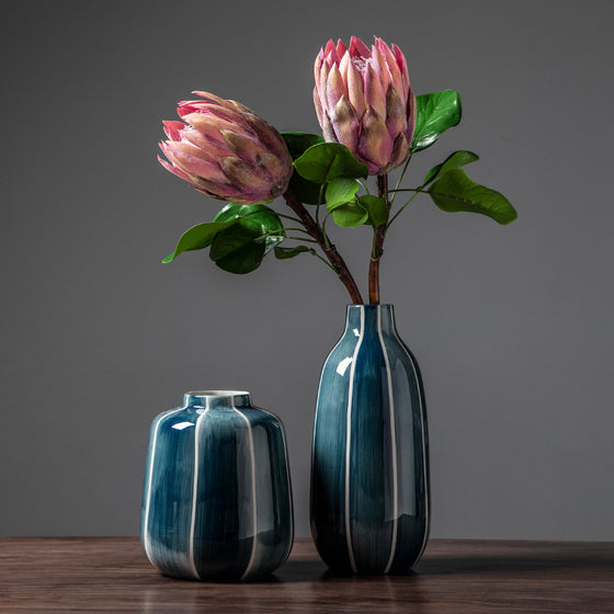 Indigo Blue and White Vertical Striped Ceramic Vase