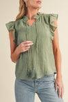 Navy Blue V Neck Flutter Shoulder Textured Blouse | Available in 2 Colors