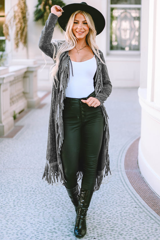 Black Mineral Washed Tassel Open Front Long Cardigan