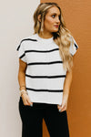 White Striped Center Seamed Short Sleeve Sweater