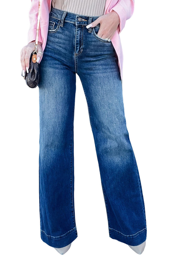 Dark Blue Casual Pocket High Rise Wide Leg Jeans