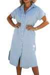 Light Blue Button Up Short Sleeve Midi Denim Shirt Dress