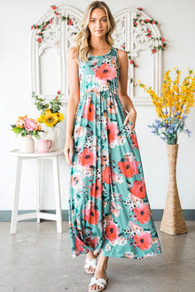  Green Floral Sleeveless Maxi Dress