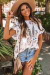 White Floral Ruffled Knot Short Sleeve Blouse