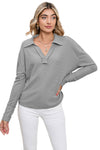 Gray V Neck Collared Retro Waffle Long Sleeve Top | Other Colors Available