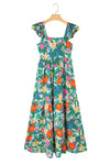 Green Boho Floral Print Ruffle Sleeveless Tiered Maxi Dress