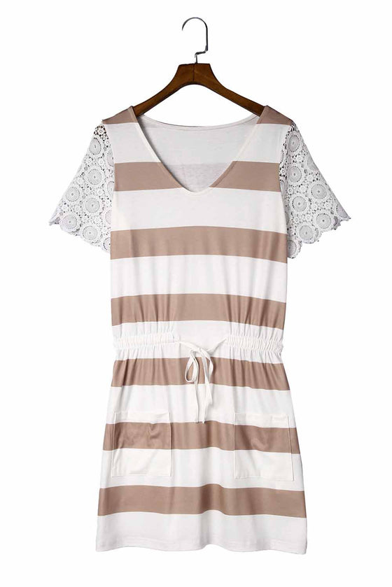 White Lace Crochet Short Sleeve Drawstring Striped Dress