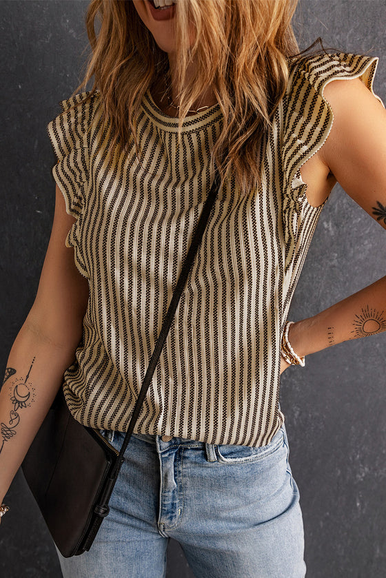 Grey Casual Striped Print Ruffle Summer Top