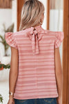 Coral Paradise Textured Striped Frill Neck Knot Ruffle Top