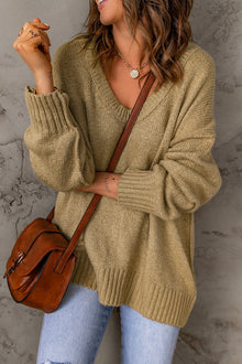  Khaki Knit Pullover Drop Shoulder Oversized Sweater