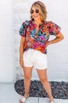 Tropical Floral V Neck Ruffle Blouse