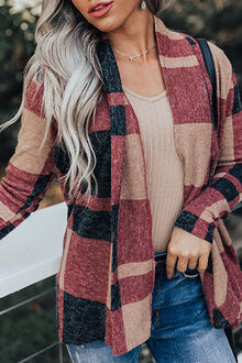  Red Plaid Casual Draped Open Front Cardigan