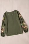 Olive Green Flower Embroidered Long Sleeve Blouse