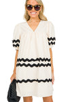 White Short Puff Sleeve Pleated Ric Rac Mini Dress