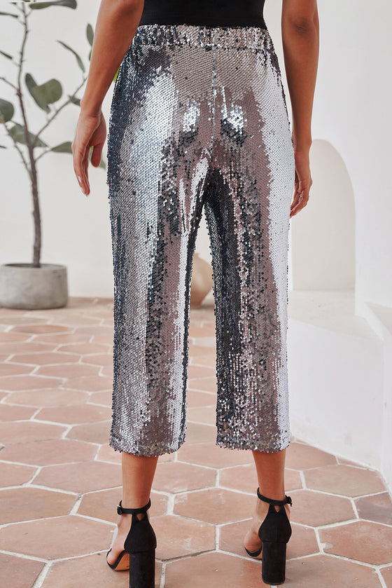 Silver High Waisted Drawstring Cropped Sequin Pants