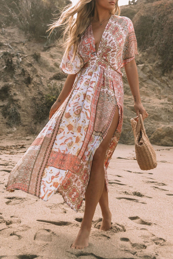 Red Boho Print Deep V Kimono Sleeves Beach Dress with Split