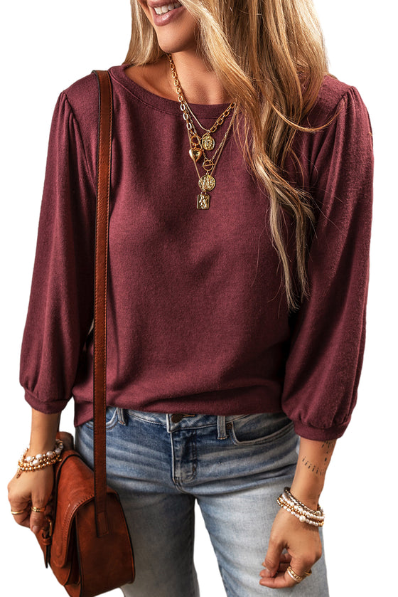 Red Solid Color 3/4 Puff Sleeve Round Neck Top | Available in 3 Colors