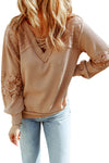 Pink Lace Waffle Knit Crisscross Straps V Neck Long Sleeve Top |Available in 2 Colors