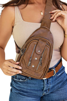  Brown PU Leather Zipped Multi-pockets Crossbody Sling Bag