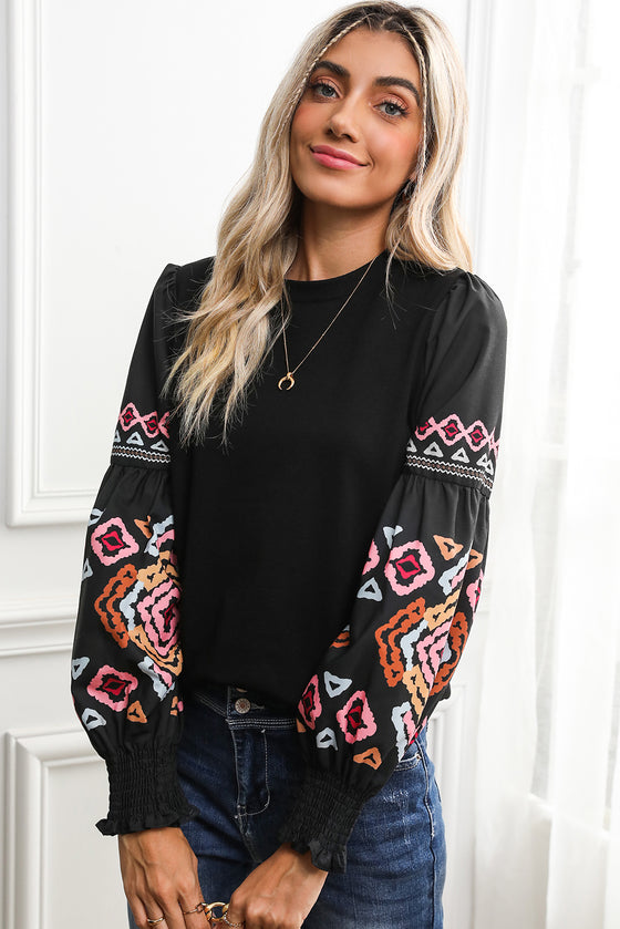 Black Geometric Lantern Sleeve Round Neck Blouse