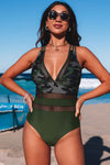 Army Green Camo Patchwork Deep V Neck One-Piece Swimsuit